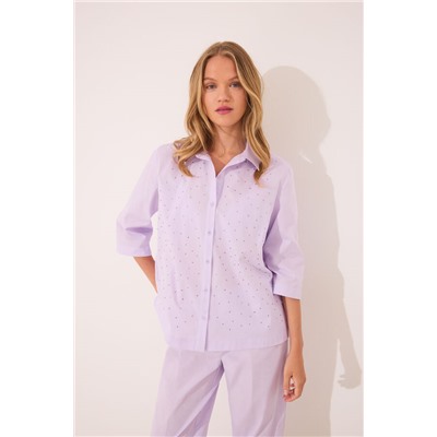 Pijama largo camisero lila strass