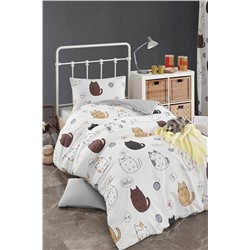 Ev & Ev Home Kolay Ütülenir Nevresim Takımı Tek Kişilik HelloCats Beyaz Ep-021355