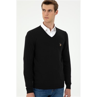Erkek Slim Fit V Yaka Siyah Basic Kazak