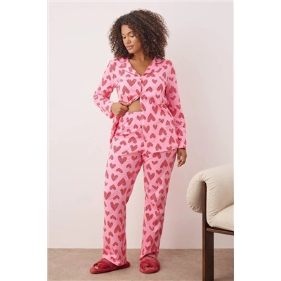 Pembe %100 Pamuklu Kalp & Leopar Desenli Gömlek-Pantolon Örme Pijama Takımı TBBAW26AI00017