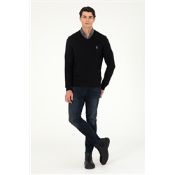 Erkek Slim Fit V Yaka Siyah Basic Kazak