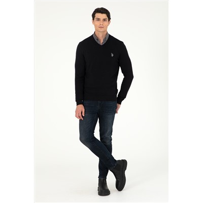 Erkek Slim Fit V Yaka Siyah Basic Kazak