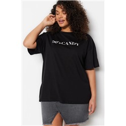 Siyah Geniş Kalıp Baskılı Bisiklet Yaka %100 Pamuk Örme T-shirt TBBSS23BF00015