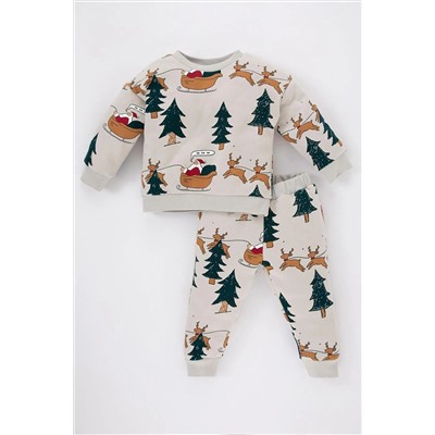 Defacto Erkek Bebek Yılbaşı Temalı Kalın Sweatshirt Eşofman Altı 2'li Takım B2130A523WN