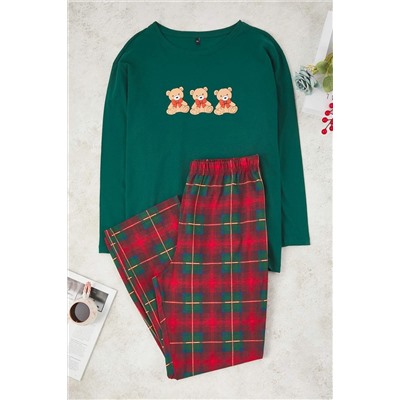 Yeşil %100 Pamuklu Ayıcıklı Ekoseli Örme Pijama Takımı TBBAW26AI00034