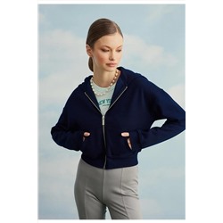 TUBİAKadın Lacivert Kapüşonlu Şardonlu Crop Sweatshirt Hırka