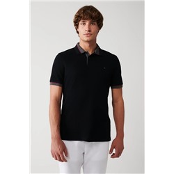 Avva Erkek Siyah Yakası Çizgili %100 Pamuk Standart Fit Normal Kesim 2 Düğmeli Polo Yaka T-Shirt E001036