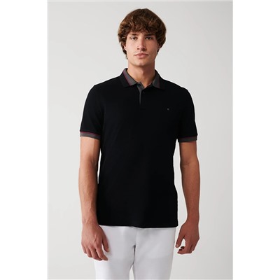 Avva Erkek Siyah Yakası Çizgili %100 Pamuk Standart Fit Normal Kesim 2 Düğmeli Polo Yaka T-Shirt E001036