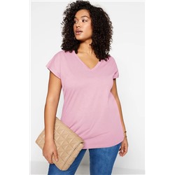 Pembe Boyfriend V Yaka Yırtmaçlı %100 Pamuk Örme T-Shirt TBBSS22BF0036