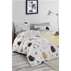 Ev & Ev Home Kolay Ütülenir Nevresim Takımı Çift Kişilik HelloCats Beyaz Ep-021354