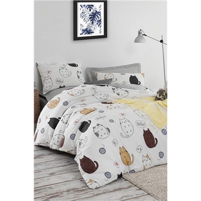 Ev & Ev Home Kolay Ütülenir Nevresim Takımı Çift Kişilik HelloCats Beyaz Ep-021354