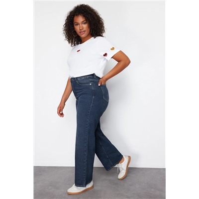 Koyu Mavi Yüksek Bel Soluk Efekt Vintage Yıkama Geniş Paça Büyük Beden Wide Leg Jeans TBBSS24CJ00050