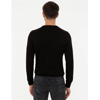 Siyah Slim Fit Bisiklet Yaka Basic Triko Kazak