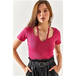 Olalook Kadın Fuşya Roba Çapraz Krep Bluz BLZ-19002346