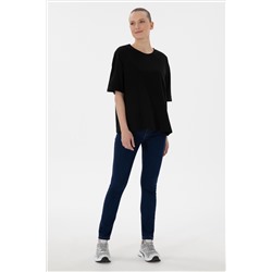 Kadın Siyah Oversize Bisiklet Yaka Tişört