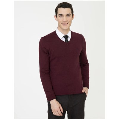 Bordo Slim Fit V Yaka Basic Triko Kazak