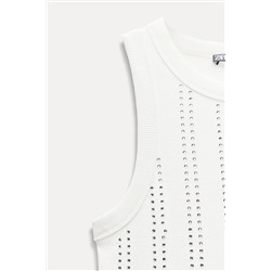 SLEEVELESS RIBBED T-SHIRT WITH RHINESTONES