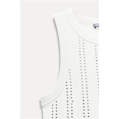 SLEEVELESS RIBBED T-SHIRT WITH RHINESTONES