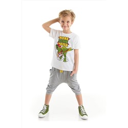 Denokids Noise Erkek Çocuk Beyaz T-shirt Gri Kapri Şort Takım CFF-22Y1-061