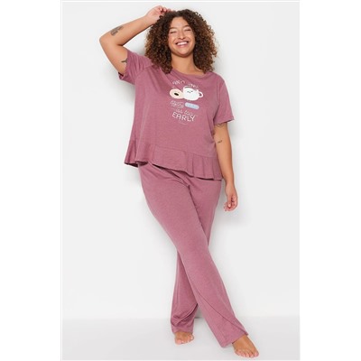 Trendyol Curve Bordo Baskılı Kısa Kollu Örme Pijama Takımı TBBSS23AI00008