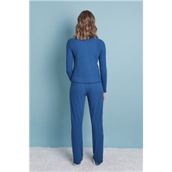 Pijama largo algodón canalé suave azul
