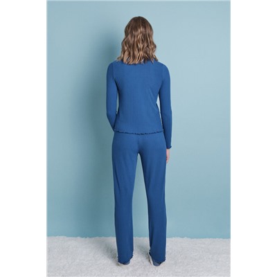 Pijama largo algodón canalé suave azul