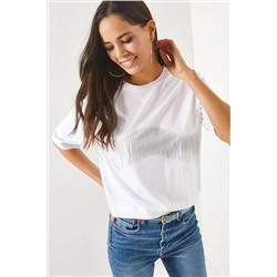 Olalook, Kadın Beyaz Zincir Garnili Oversize Tişört TSH-19000697