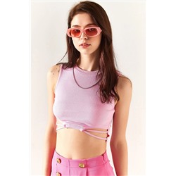 Olalook Kadın Şeker Pembe Bel Dekolteli Likralı Crop Bluz BLZ-19002321