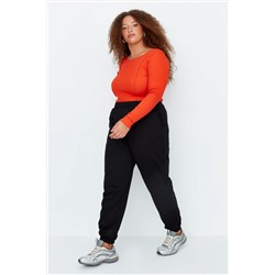 Siyah Loose Jogger İnce Paçası Lastikli Esnek Bel Örme Büyük Beden Eşofman Altı TBBAW23AJ00002