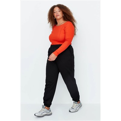 Siyah Loose Jogger İnce Paçası Lastikli Esnek Bel Örme Büyük Beden Eşofman Altı TBBAW23AJ00002