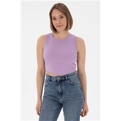 Kadın Lila Kolsuz Bisiklet Yaka Crop Basic Tişört