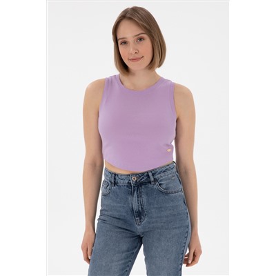 Kadın Lila Kolsuz Bisiklet Yaka Crop Basic Tişört