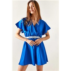 Olalook Kadın Saks Mavi Kruvaze Yaka Beli Lastikli Şort Tulum TLM-19000146