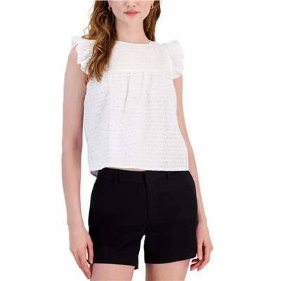 TOMMY HILFIGER Women's Cotton Eyelet Tie-Back Flutter-Sleeve Top