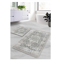 Pilloveland Kaymaz Taban Yıkanabilir 2’li Banyo Paspası - Gri Farmhouse Desenli 60*100 Cm - 50*60 Cm BM0197