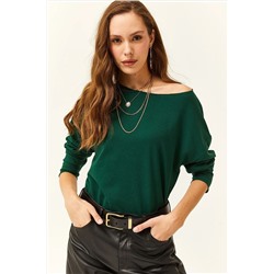 Olalook Kadın Zümrüt Yeşili Asimetrik Yaka Baskılı Yumuşak Dokulu İnce Sweatshirt