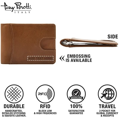 Brand: Tony Perotti Mens RFID Blocking Bifold MONEY CLIP Credit Card Wallet with ID Italian Leather