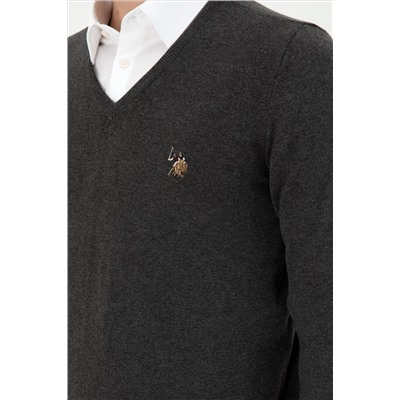 Erkek Slim Fit V Yaka Antrasit Basic Kazak