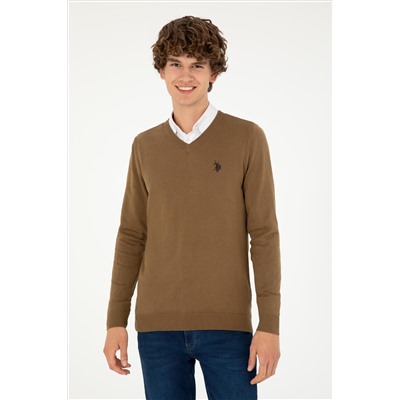 Erkek Slim Fit V Yaka Haki Melanj Basic Kazak