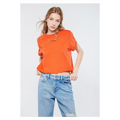Mavi Turuncu Basic Crop Tişört Oversize / Geniş Kesim 168220-33272