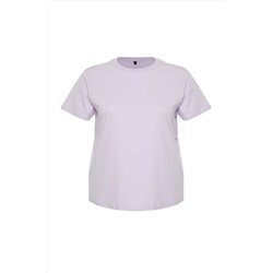 Lila Çıt Çıt Detaylı %100 Pamuk Büyük Beden Örme T-shirt TBBSS24BF00000