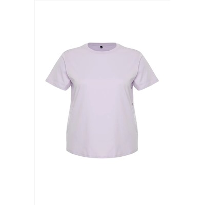 Lila Çıt Çıt Detaylı %100 Pamuk Büyük Beden Örme T-shirt TBBSS24BF00000