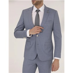 Mavi Çizgili Ekstra Slim Fit Yün Takım Elbise