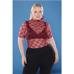 Bordo Örme Büyük Beden Dantel Bluz TBBSS25AF00004