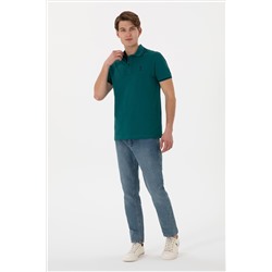 Erkek Slim Fit Polo Yaka Koyu Yeşil Basic Tişört