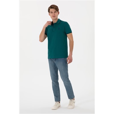 Erkek Slim Fit Polo Yaka Koyu Yeşil Basic Tişört