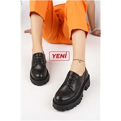 Deripabuc Hakiki Deri Siyah Kadın Tırtıklı Platform Taban Loafer Ayakkabı Trc-4003 TRC-4003