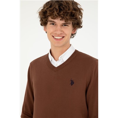 Erkek Slim Fit V Yaka Kahverengi Basic Kazak