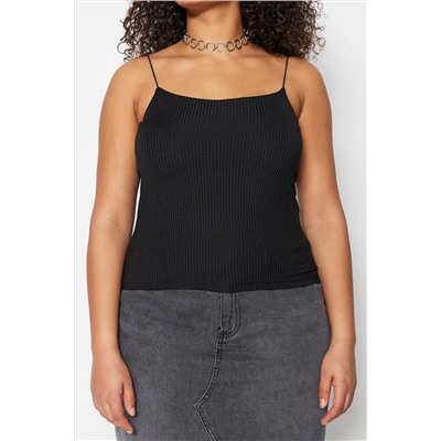 Siyah Spagetti Askılı Crop Fitilli Örme Büyük Beden Bluz TBBSS23AF00013