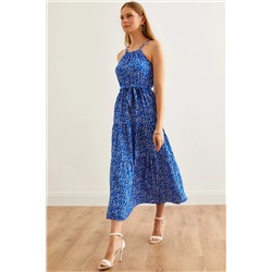 Olalook, Kadın Minik Çiçek Mavi Halter Yaka Kuşaklı Dokuma Viscon Elbise ELB-19001548